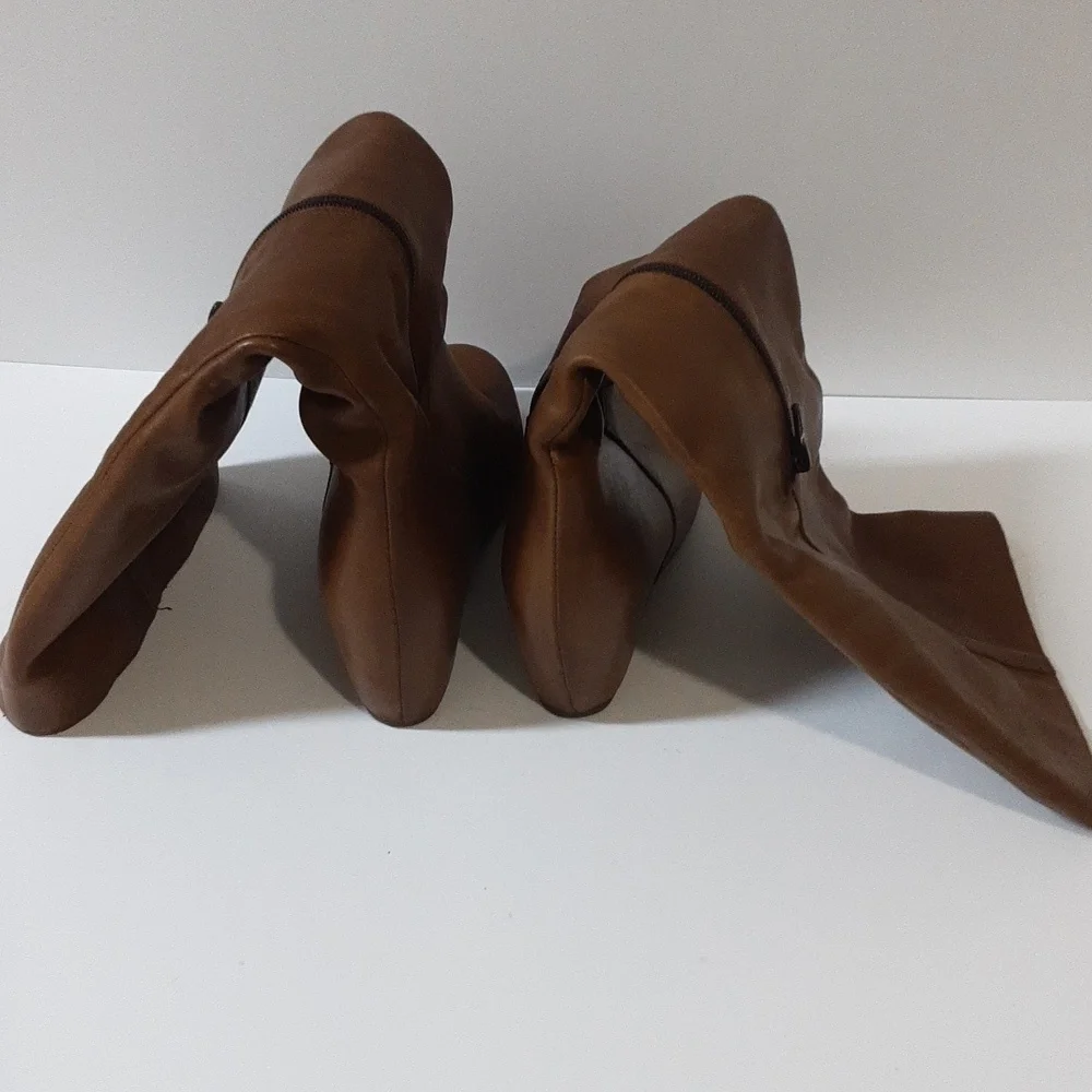 Mercanti Fiorentini leather boots heel knee  wedge brown women 38 pull on